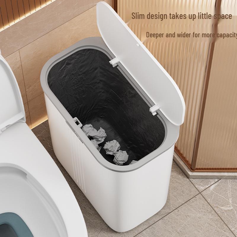 Large Bathroom Trash Can with Thickened Lid, Narrow Style, Press-Type