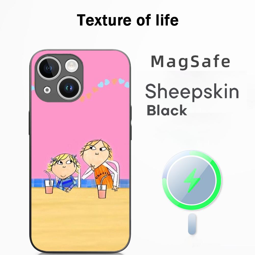 Charlie lola cartoon cute pattern desgin Phone Case For iPhone 16 15 14 13 12 11 Plus Pro Max  High-end Luxury Magsafe Sheepskin