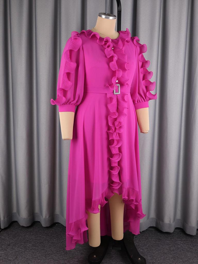 Plus Size Elegant Rose Red Chiffon Evening Gown with Ruffled Irregular Hem