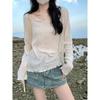 Elegant V-neck Micro-Sheer Sun Protection Cardigan - Women's Summer Loose Fit Long-Sleeve Base Shirt