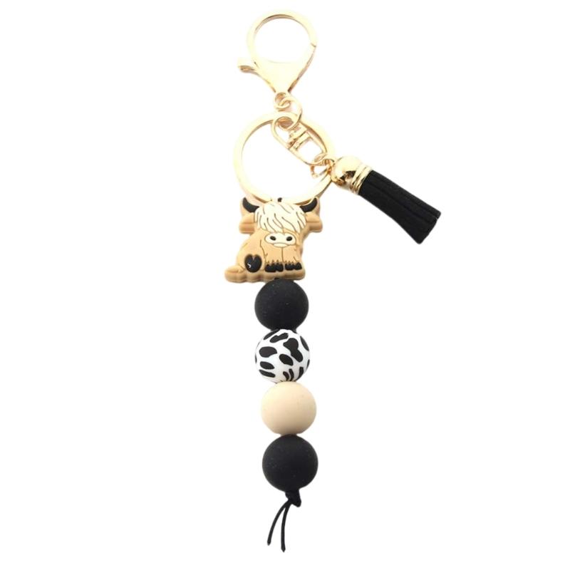 Highland Cow Keychain with Tassels and Silicone Beads Animal Keyring Fashionable Key Holder Pendant for Women and Men