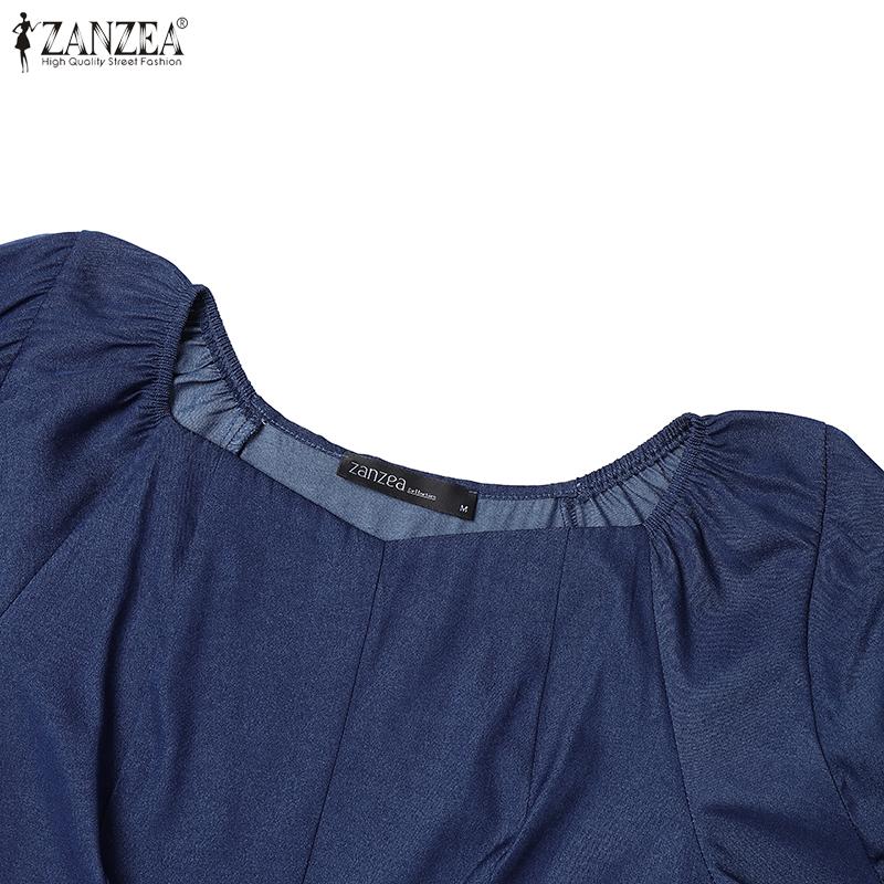 ZANZEA Womens Casual Round Neck Puff Sleeve Solid Color Loose Blouse