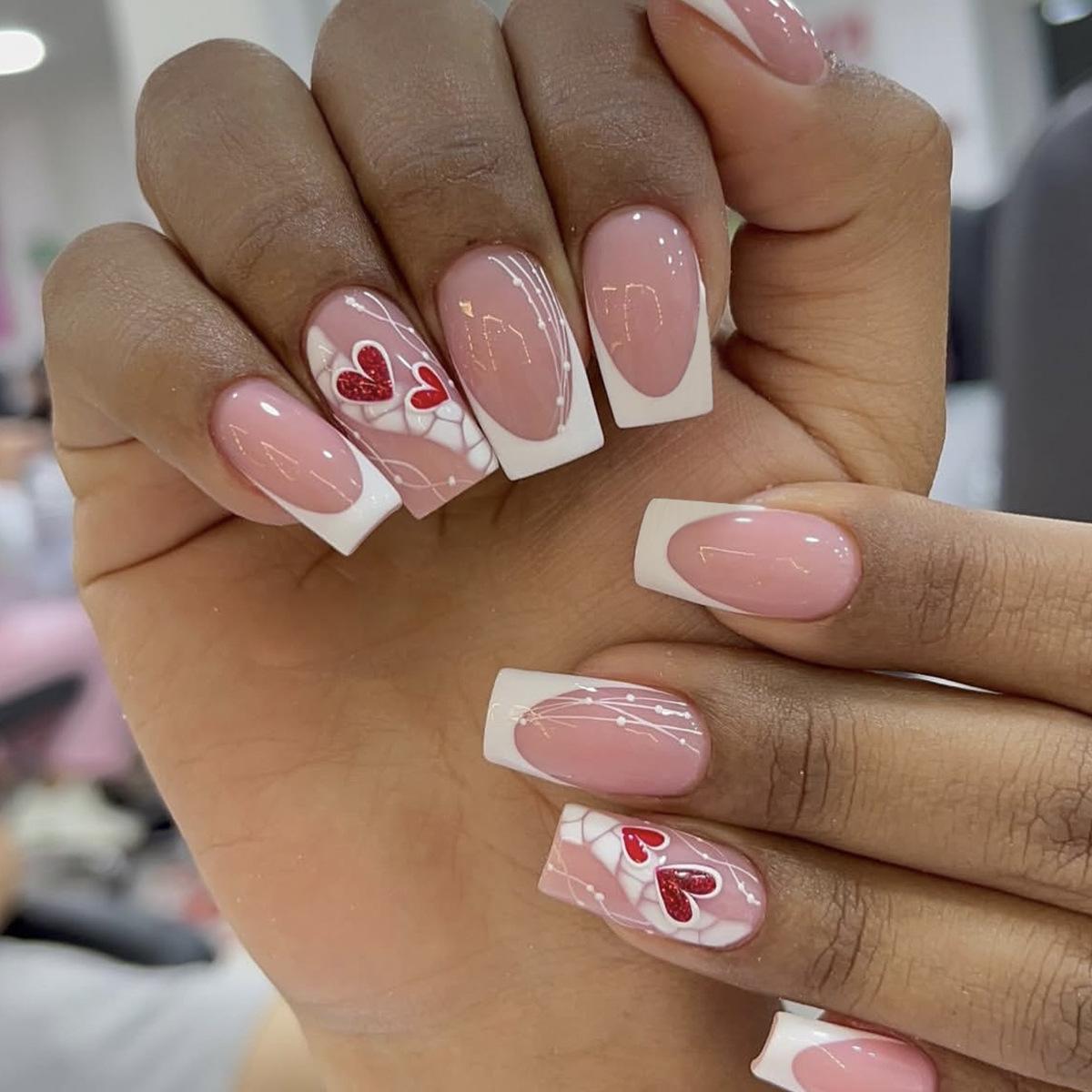 

Valentine s Day French White Press-on Nails with Red Glitter Heart Design