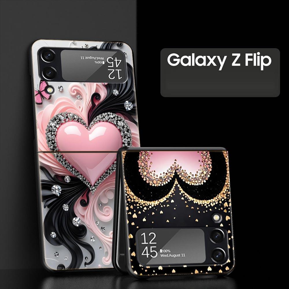 Colored Love Heart Printed Hard PC Phone Case For Samsung Galaxy Z Flip 7 6 5 4 Black Cover For Galaxy Z Flip 3 Foldable Fundas