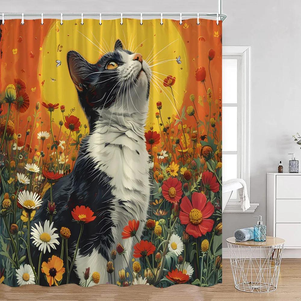 Grappige Katten Douchegordijn Katten Rijden op Haaien Cool Schattige Katten Honden Bloemen Zomer Badkamer Decoraties Polyester Badgordijn
