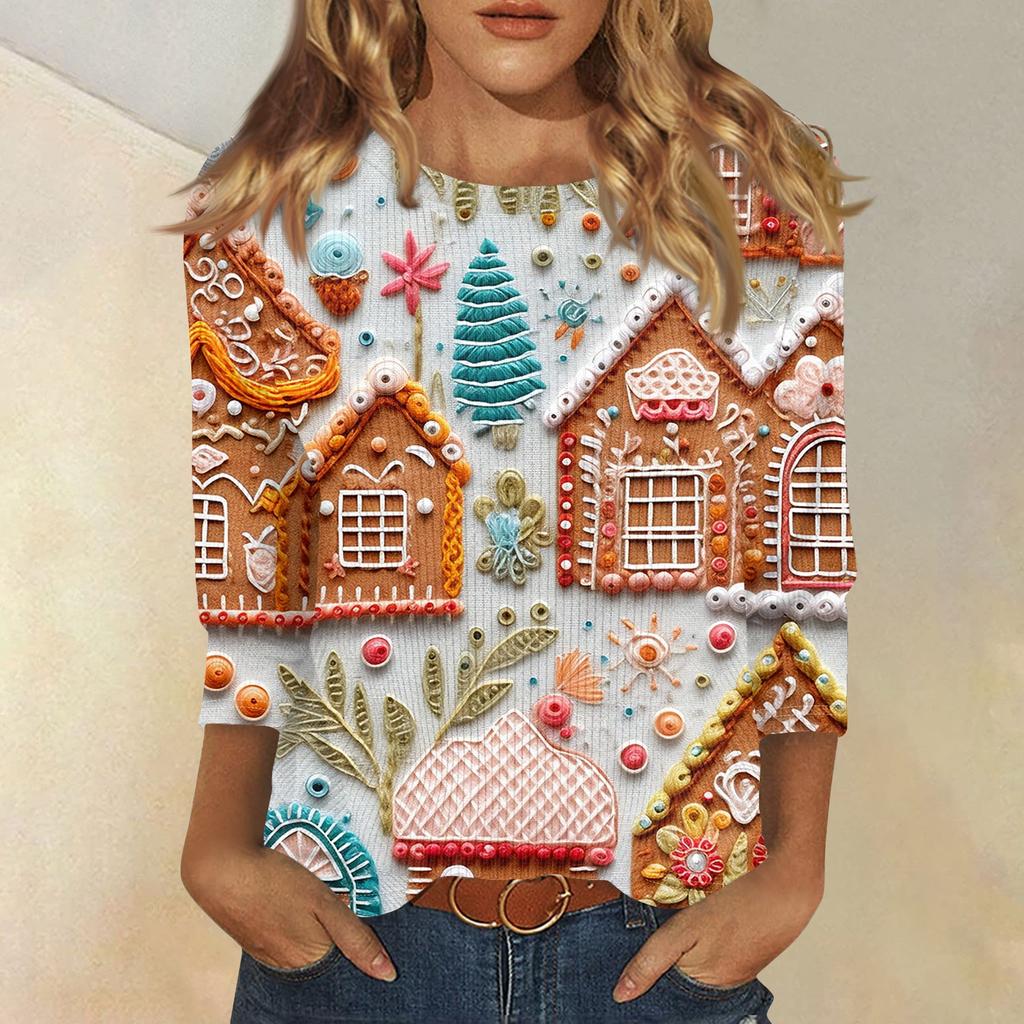 Damenmode und Winter Lässiges Rundhals-T-Shirt mit gebürstetem, geripptem Weihnachtsdruck und Dreiviertelärmeln, Damenbekleidung