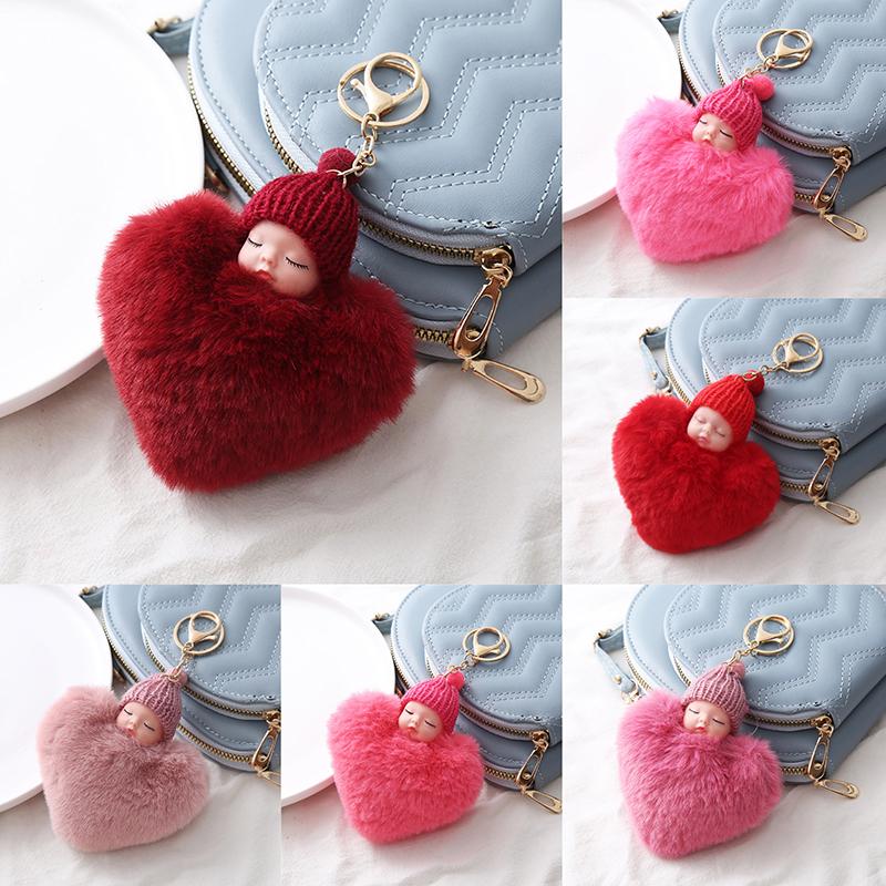 Plüsch Pfirsich Herz Pompon Schlafendes Baby Puppe Schlüsselanhänger Schlüsselanhänger Halter Tasche Für Frauen Mädchen Mode Schmuck Geschenk Charmante Dekoration