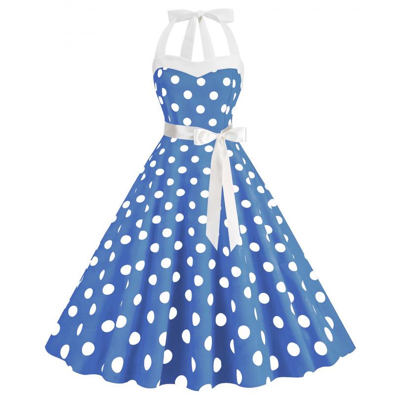 Retro Polka Dot Halter Flared Dress - European & American Hepburn Style with Lace-up Backless Design for Bridesmaid or Performance