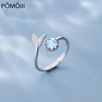 Ghidbk New Luxury Zircon Tail Moonstone Opening Rings for Women Simple Mermaid Bubble Adjustable Finger Rings Party Jewelry Gift