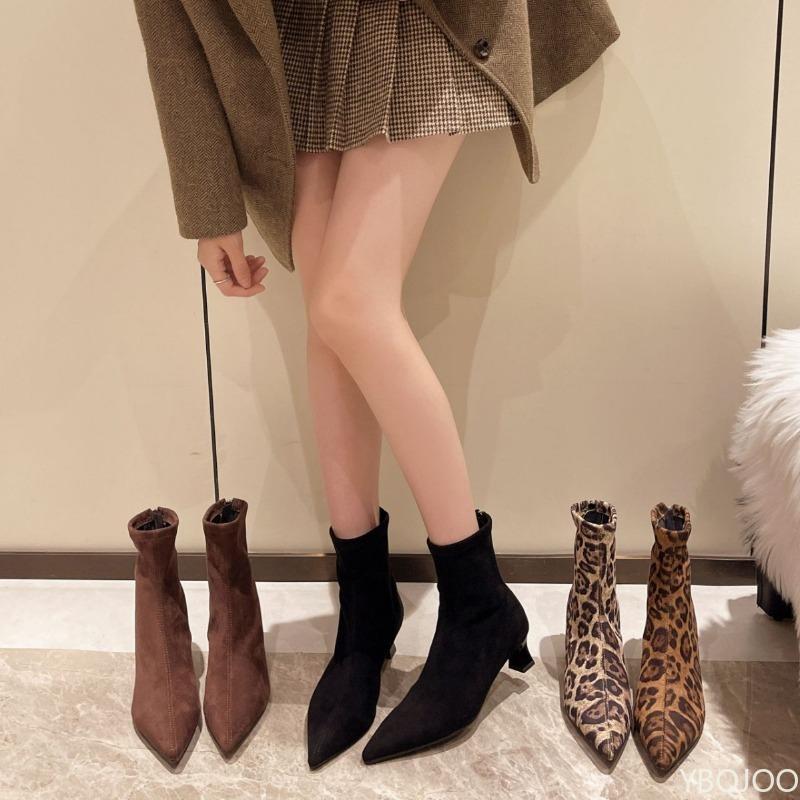 Large size fashion boots women mid heel pointed toe back zipper short boots autumn leopard print elastic women slim boots