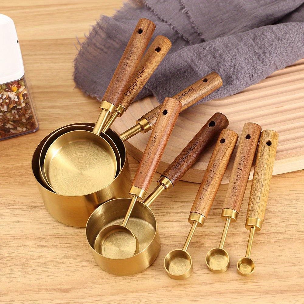 8-Piece Stainless Steel Measuring Cup & Spoon Set with Titanium Gold & Wooden Handles