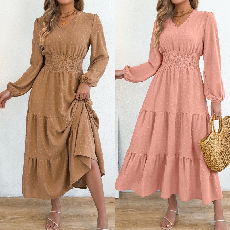 Women Elegant Solid Color Pom Pom Long Sleeve High Waist Ruffled A Line Long Dress