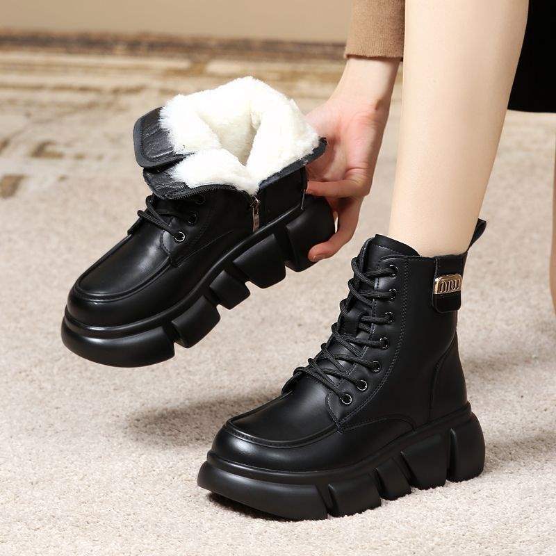 Fur Integrated Snow Boots Women's Winter Short Boots Women's Real Soft Leather Velvet Warm Thickened Soles Martin Boots Women's Cotton Shoes Women
