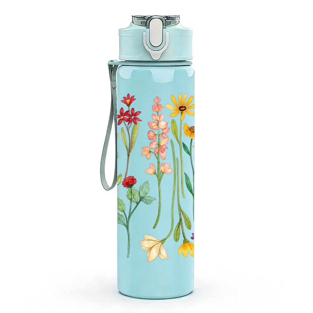 1PC Wildflower Meadow 750ml Color Plastic Sports Water Bottle Leakproof Flip Straw Lid Suitable for Sports Office Home Use