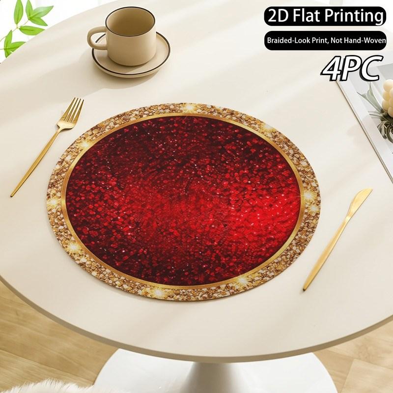 Linen Round Placemats, Santa Sleigh Winter Design, Washable Stain Resistant Easy Clean, Holiday Dinner Decor