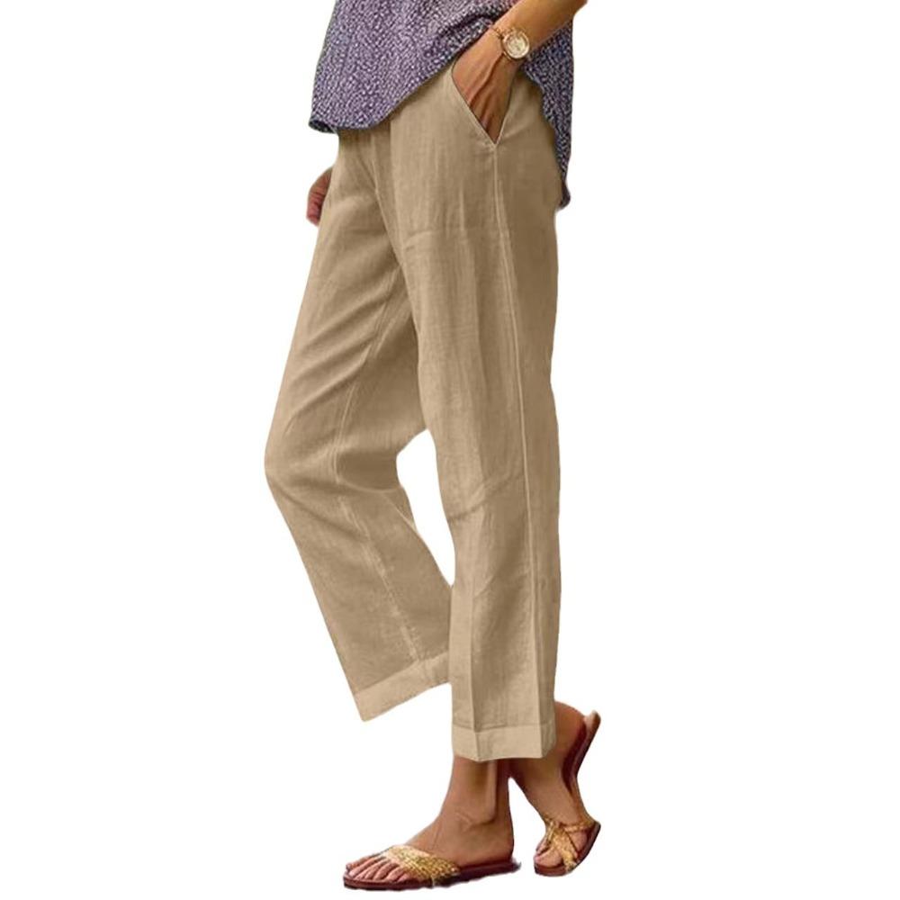 Spring Summer New Women Solid Cotton Linen Wide Leg Pants, Elastic Waist Loose Casual Trousers, Breathable Daily Fashion Bottoms