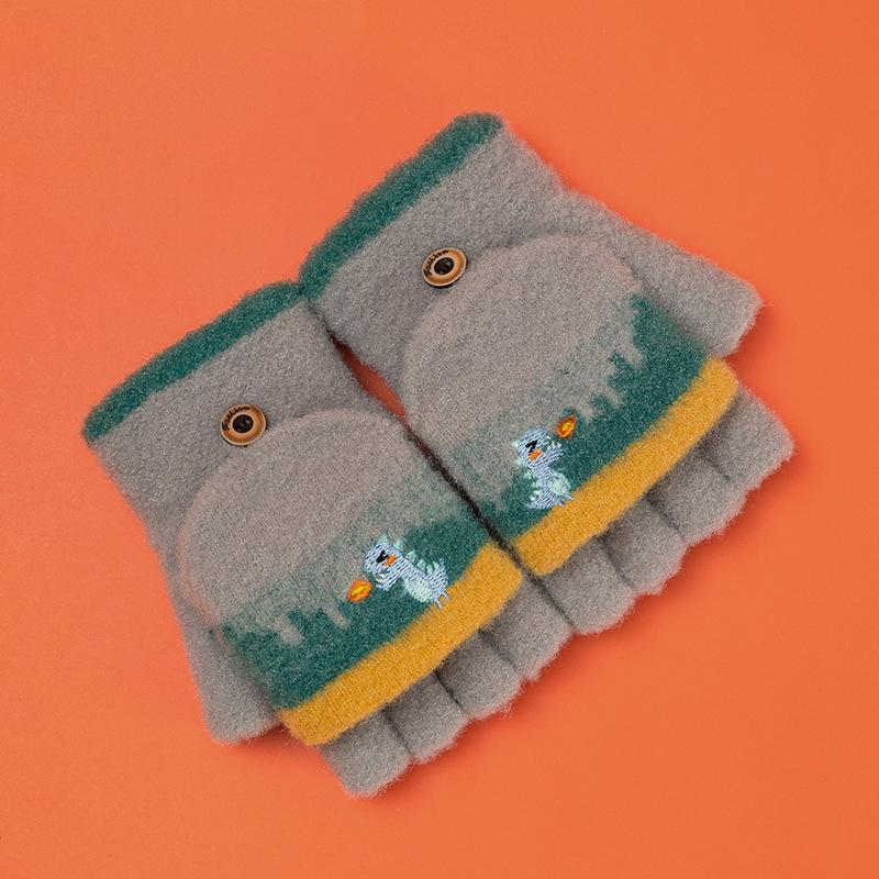 Xuehuaxiu children's thermal gloves knitted men's and women's middle children's flip dinosaur cute cartoon thermal gloves wholesale