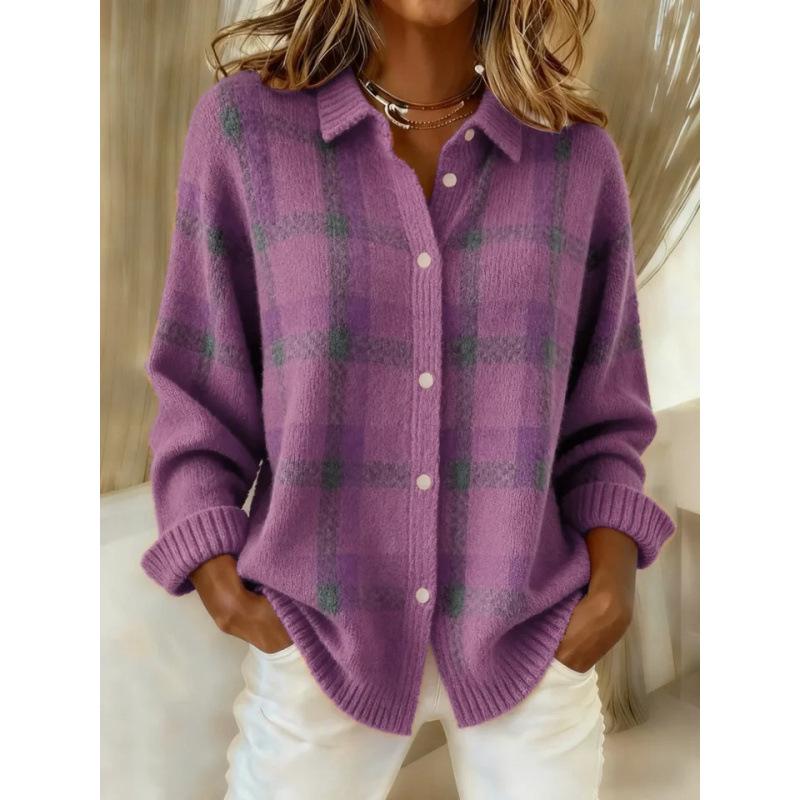 Women's Casual Plaid Long Sleeve Lapel Cardigan Sweater for Autumn and Winter