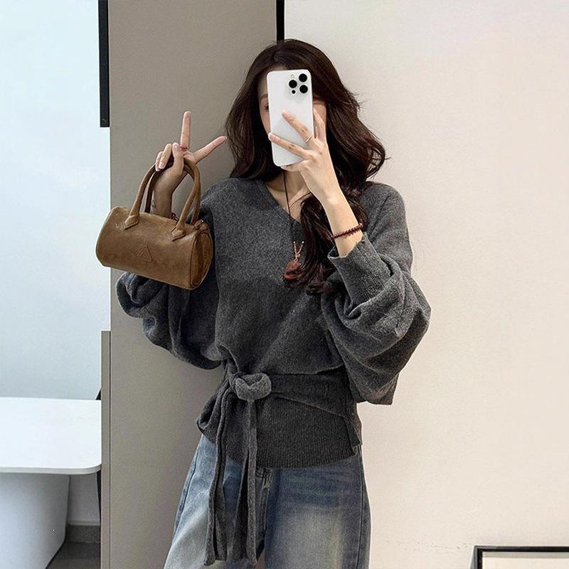 Korean Style V-Neck Batwing Sleeve Tie-Waist Slimming Sweater