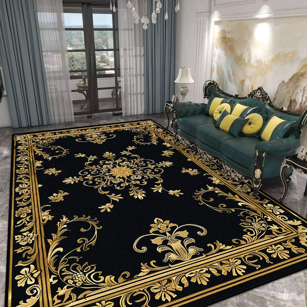 

Home Decoration Luxury Black Living Room Rug Antiskid Golden Border Gaming Room Carpet Big Size Soft Entrance Door Mat Washable 60x90cm