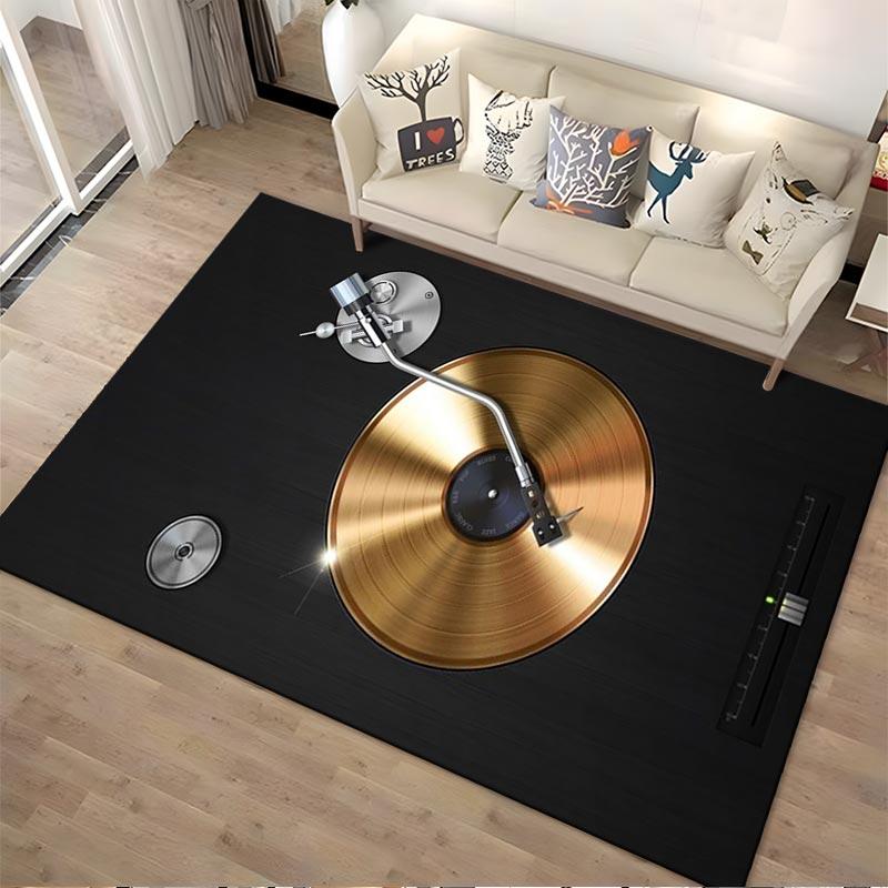 Turntable Design Carpet with Vinyl Record Print Black and Gold Style Suitable for use as an anti-slip for living room bedroom sofas