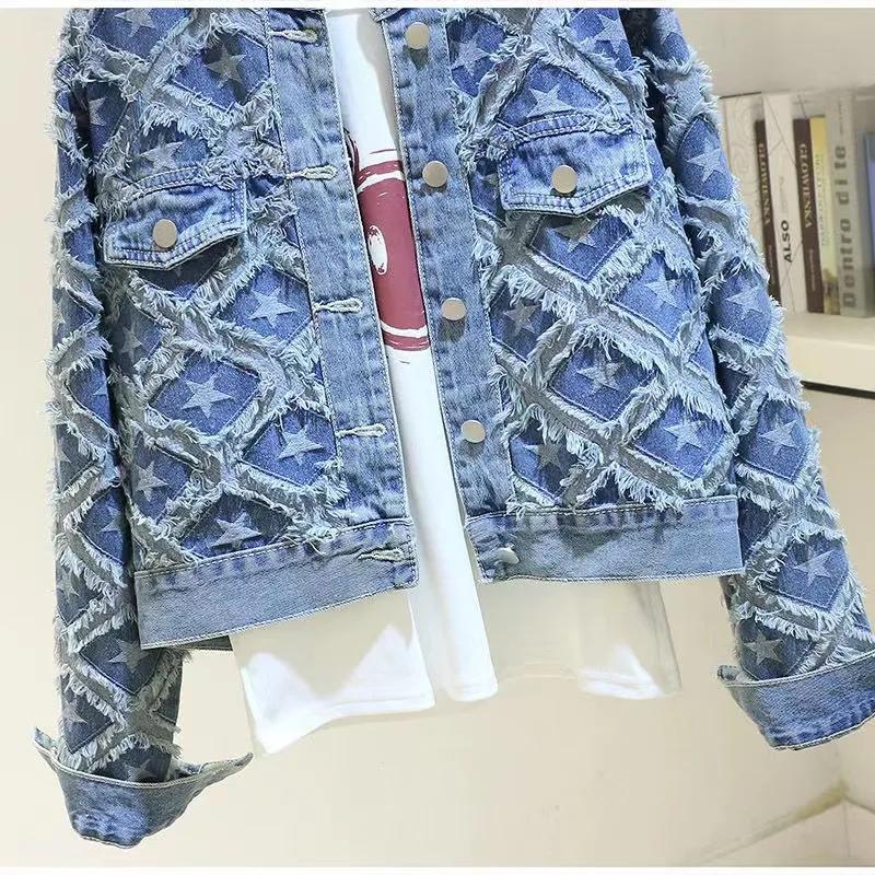 Damen Frühling und Herbst Designgefühl Französische Fünf-Punkt Jeansjacke