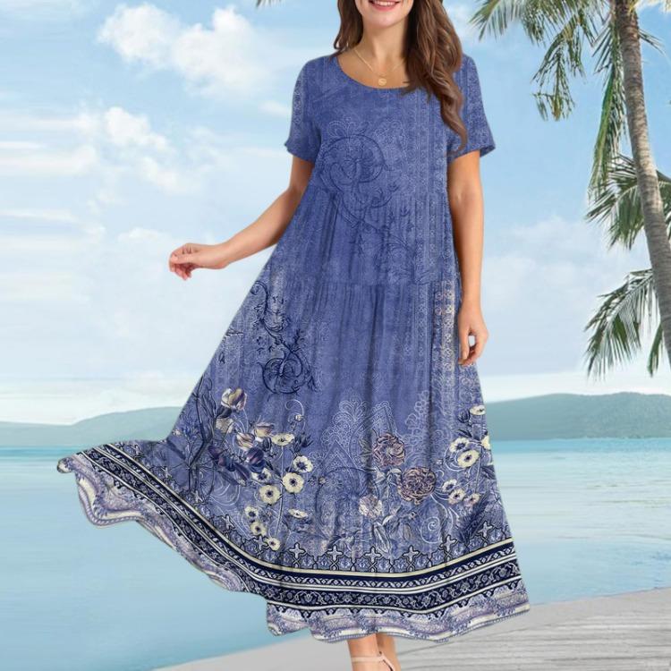 Bohemian Floral Summer Beach Dress Women Casual Loose Long Maxi Swing Short Sleeve