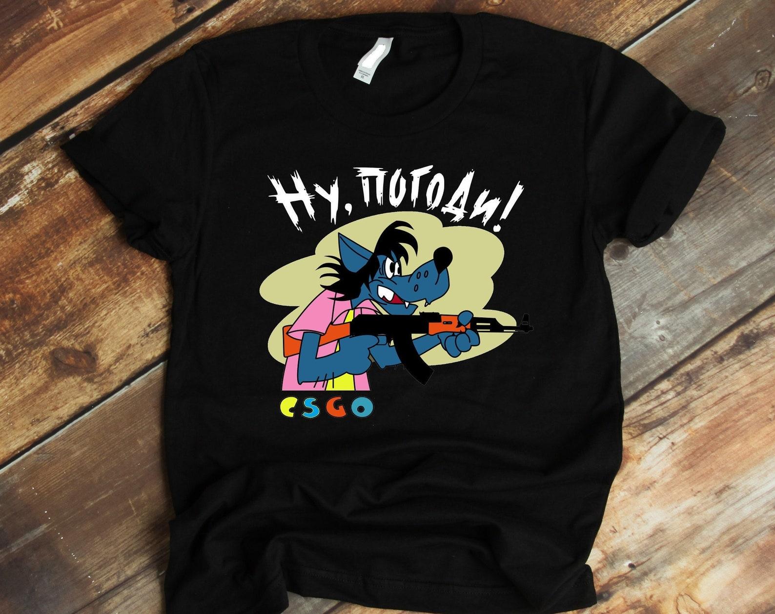 Soyuzmultfilm Nu Pogodi Tee Shirt, Soviet Russian Cartoon Nu Pogodi Wolf Shirt, Machine Gun AK47 T shirt, Nu Pogodi Kalashnikov T shirt 3XL