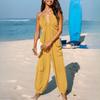 Women's Halter Neck Sleeveless Pleated Pockets, Lace-up Wide-leg Leggings On The Back, Long Jumpsuit