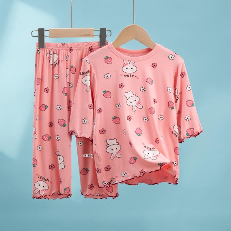 Girls' Modal Summer Pajama Set: Lightweight, Seven-Sleeve Baby Lounge Wear for Air Conditioning.