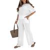 Women's Cotton Linen Two-Piece Outfit Short Sleeve Crew Neck Top And Wide Leg Pants Set Floral Embroidery Casual Lounge Tracksuit