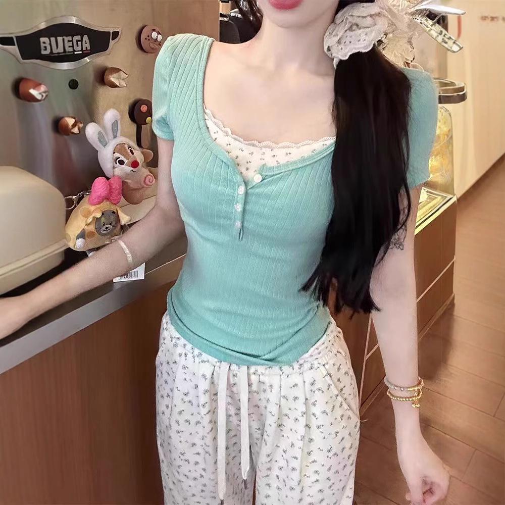 Korean Y2K Lace Faux Two-Piece Short Sleeve Women's Slim Top