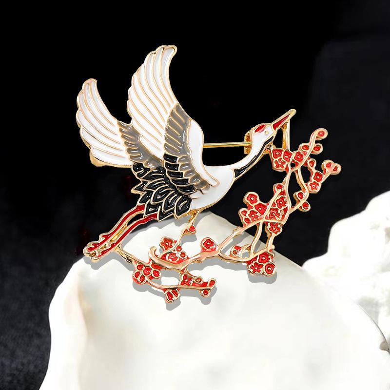 Retro Chinese Style Crane and Plum Blossom High-end Anti-exposure Fashion Animal National Style Collar Pin Brooch