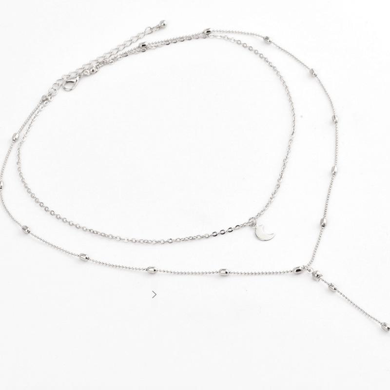 Stylish Retro Women's Collarbone Chain Jewelry, Double Bead Chain Fringed Moon Pendant Necklace