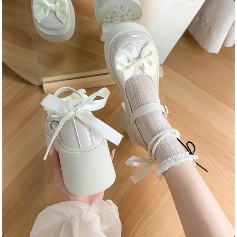 Fashion Mary's Shoes 2025 Summer New Style Princess Thick Heeled Lolita Shoes With Dress Bow Beading Small Leather Shoes For Women