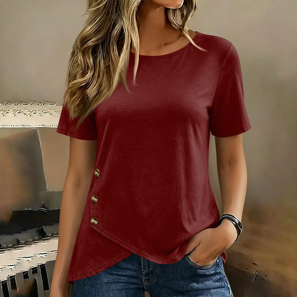 Women's Solid Color Short Sleeve Crew Neck T-Shirt with Button Detail Casual Lightweight Top for Everyday Wear