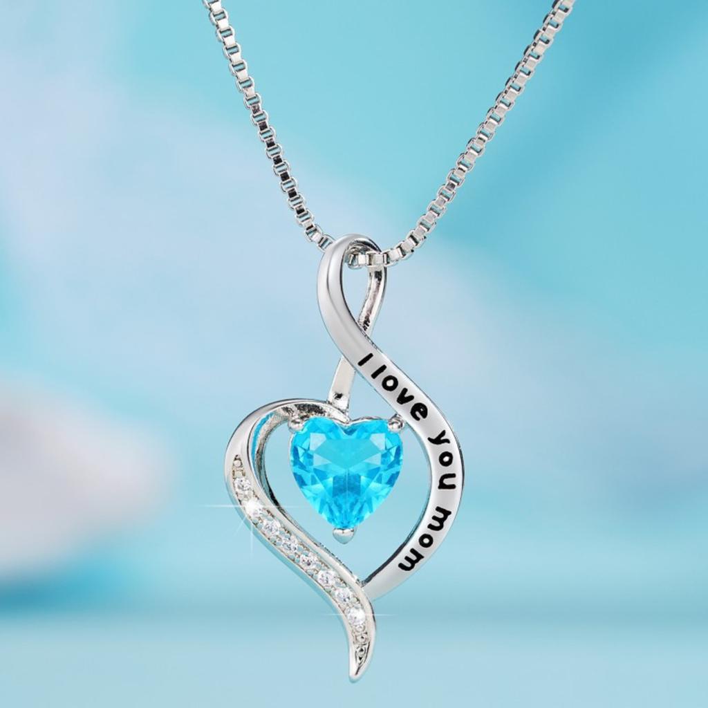 I Love You Mom Engraved Heart Pendant Necklace with Blue Center Stone and Sparkling Accent Sentimental Mother Jewelry for Women