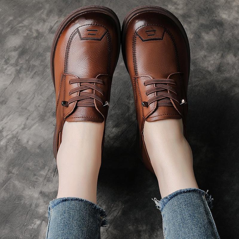 British Style Medium Heel Cowhide Loafers - Retro Round Toe Women's Leather Shoes