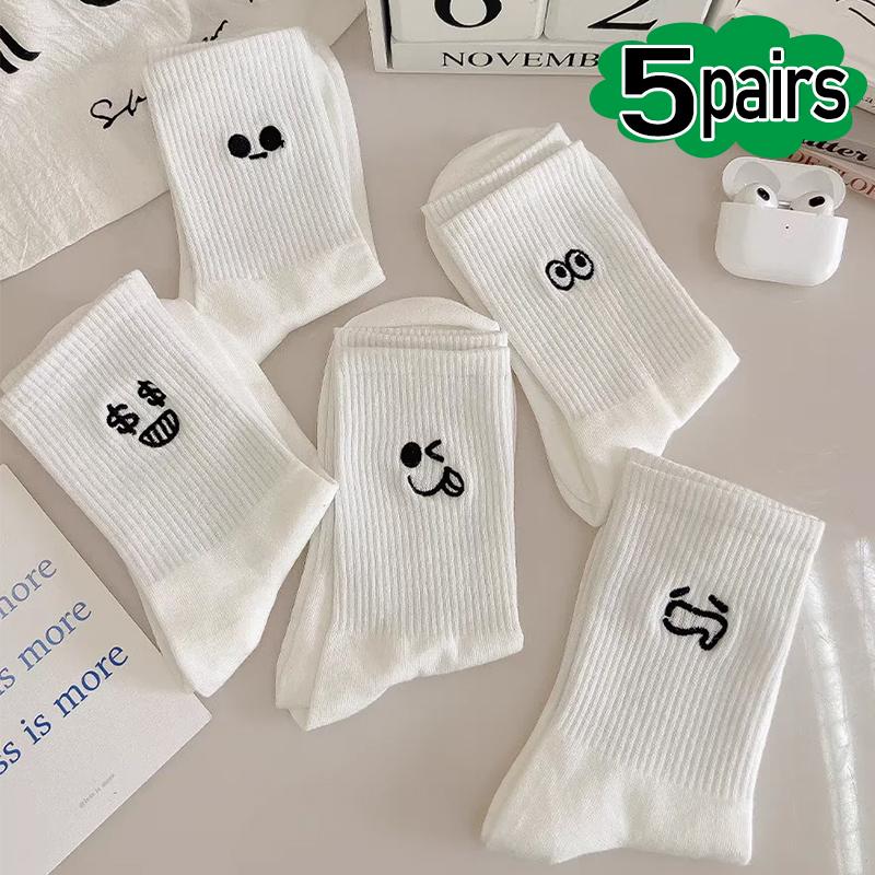 

5pairs/set Summer Funny Mood Expression White Socks Women Girls Simple Cotton Soft Solid Spring Sport Middle Tube Short Sock білий
