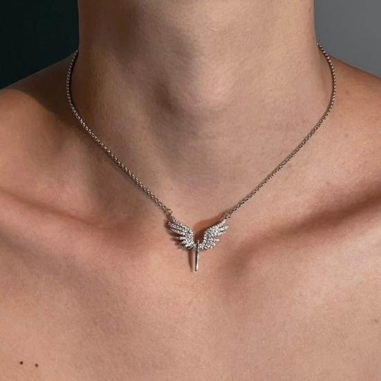 Women Necklace Rhinestones Angle Wing Shape Pendant Choker Necklace Adjustable Extended Chain Necklace Clothing Accessories