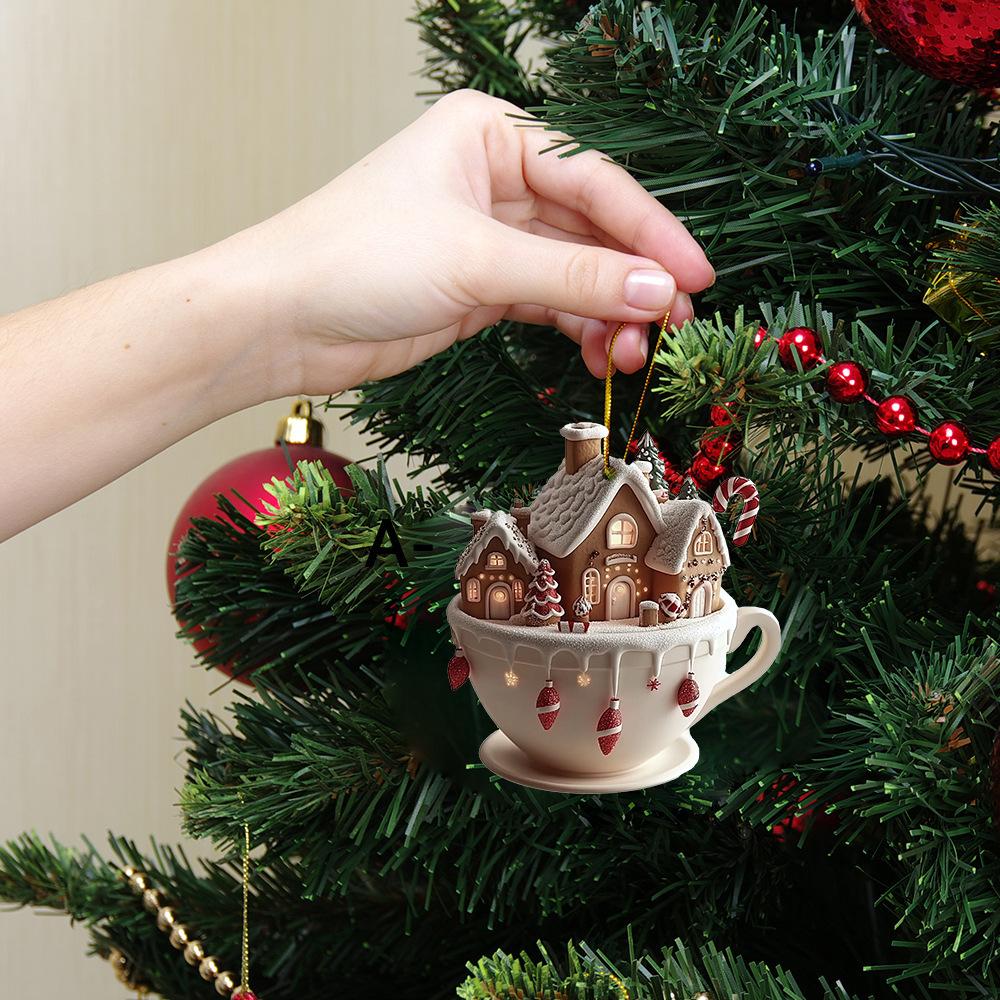 Fancyfamily 1PC Christmas Tree Snow House Coffee Cup 2D Acrylic Pendant Decoration Christmas Decoration