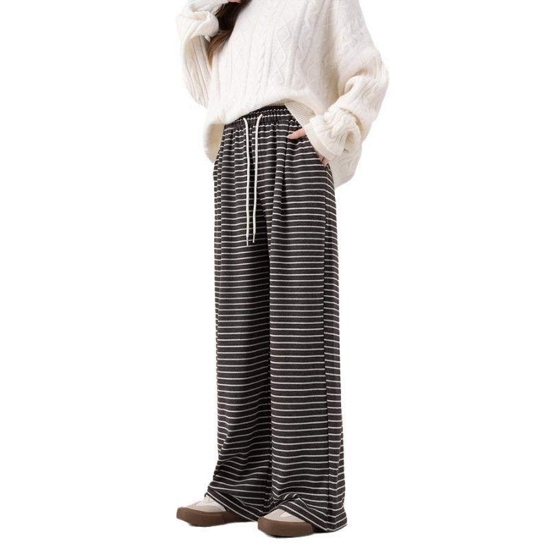 New Lazy Striped Wide Leg Pants Women's Autumn Lace-Up Elastic Waist Loose and Skinny Casual Straight Floor Mopping Pants