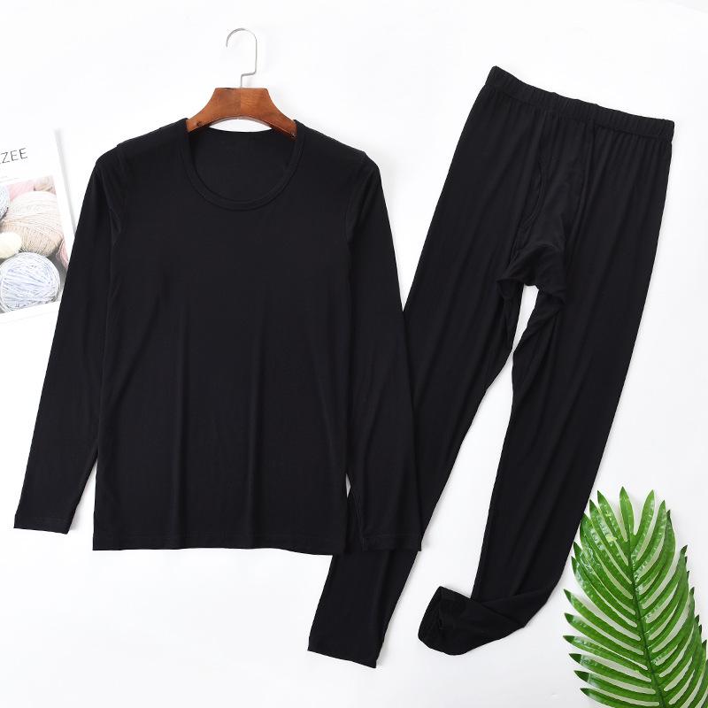 Men s Plus Size Modal Autumn Underwear Set - Round Neck Cotton Wool Knit Sweater & Pants L чёрный