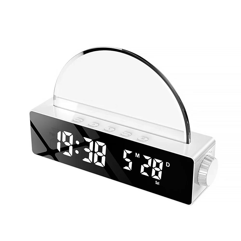 New RGB Color Changing LED Mirror Digital Desk Clock Sunrise Wake Up Light Alarm Clock for Bedroom Students