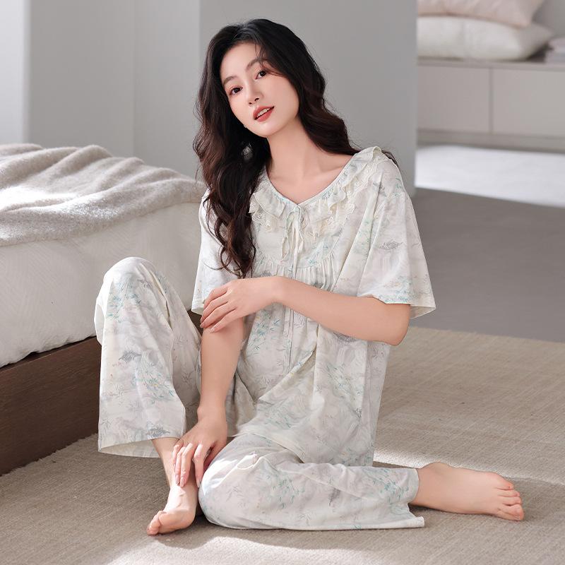 Pajamas Women's Summer Modal Short Sleeve Cropped Pants Women's Summer 1011 New Ice Silk Mom Loungewear