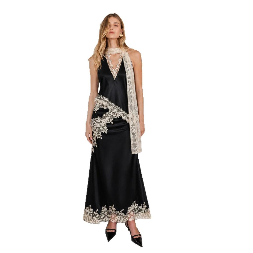 Slim-fit long dress neck V-neck light blue floral lace splicing neck strap float and ground fish tail dress