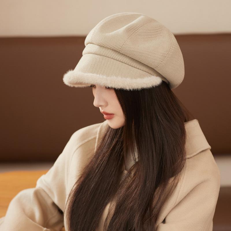 Autumn and Winter Hats for Women with High End Thick Plush Edge Octagonal Hat Solid Color Versatile Baseball Cap Warm Newspaper Baby Hat