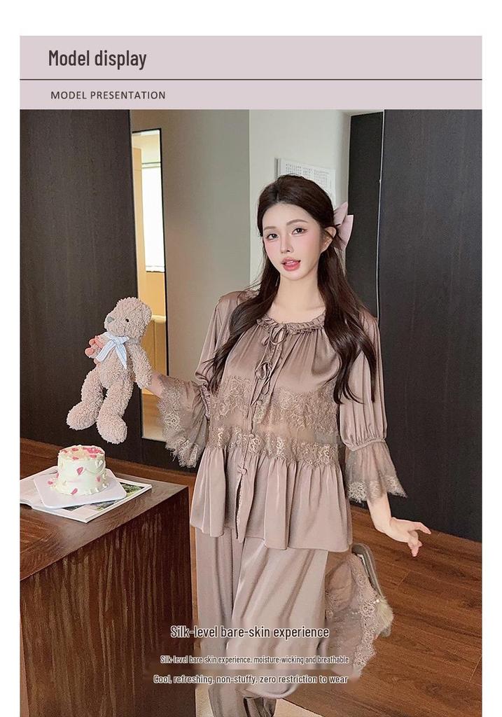 Sweet Polka Dot Lace Pajama Set for Women - Short Sleeve, Long Pants, Spring/Autumn, Princess Style