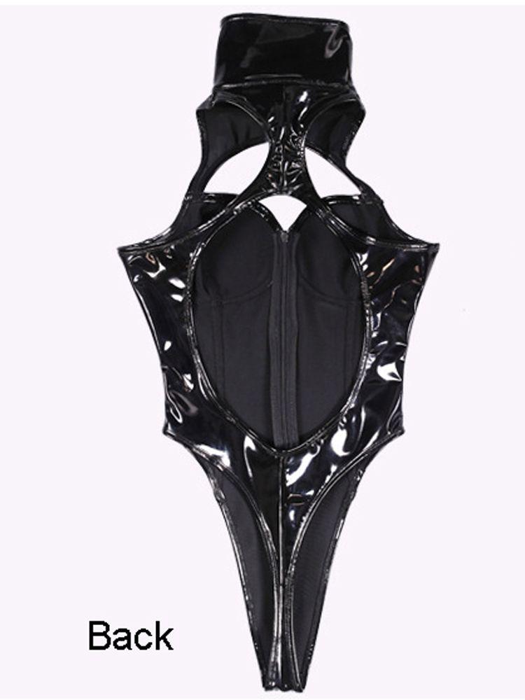 3D Hollow Bust Wet Look Pvc Catsuit High Cut Zipper Open Crotch Bodysuit Tight Hot Sexy Sukumizu Cosplay Body Shirt Clubwear Top