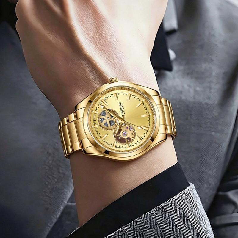 Gold Automatic Mechanical Watch for Men Luxury Skeleton Stainless Steel Waterproof Luminous Business Dress Wristwatch